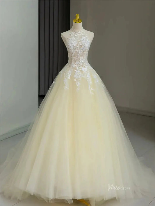 Yellow Lace Tulle Prom Dresses with Halter Neck & Open Back - FD5170-Quinceanera Dresses 2025 -Viniodress-Yellow-Custom Size-