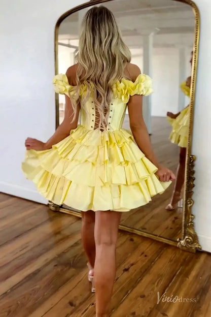 Yellow Off-Shoulder Ruffle Homecoming Dress with Corset Bodice & Tiered Skirt – H1150-Homecoming Dresses 2025 -Viniodress-Yellow-Custom Size-