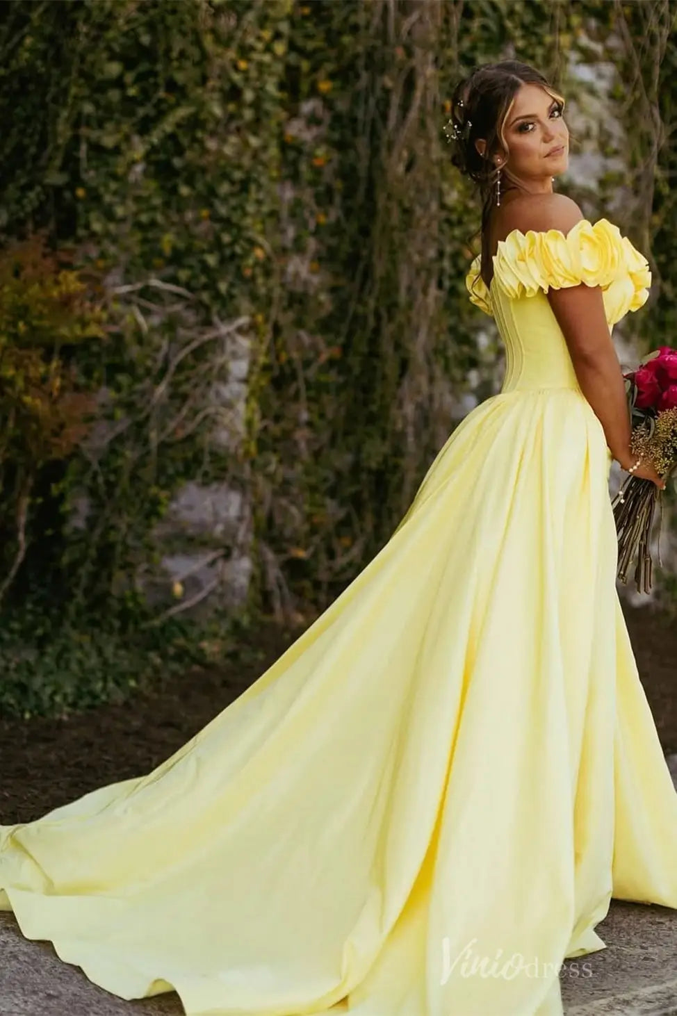 Yellow Off-Shoulder Satin Ball Gown with Ruched Floral Ruffle Neckline and Corset Bodice – AS041-prom dresses 2025 -Viniodress-Yellow-Custom Size-