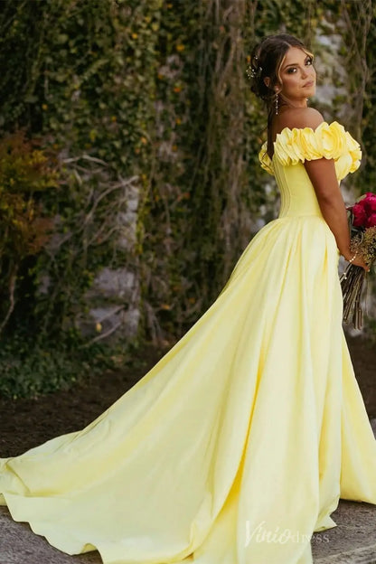 Yellow Off-Shoulder Satin Ball Gown with Ruched Floral Ruffle Neckline and Corset Bodice – AS041-prom dresses 2025 -Viniodress-Yellow-Custom Size-