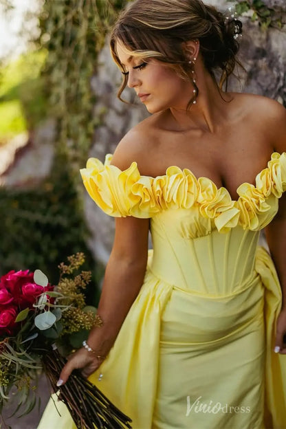 Yellow Off-Shoulder Satin Ball Gown with Ruched Floral Ruffle Neckline and Corset Bodice – AS041-prom dresses 2025 -Viniodress-Yellow-Custom Size-