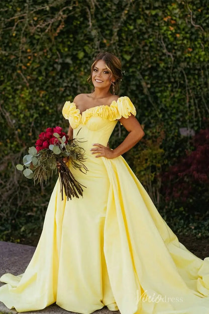 Yellow Off-Shoulder Satin Ball Gown with Ruched Floral Ruffle Neckline and Corset Bodice – AS041-prom dresses 2025 -Viniodress-Yellow-Custom Size-