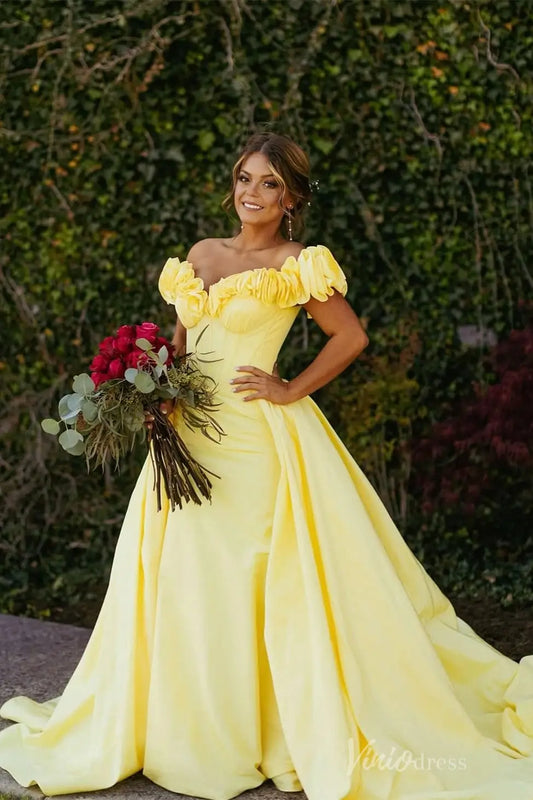 Yellow Off-Shoulder Satin Ball Gown with Ruched Floral Ruffle Neckline and Corset Bodice – AS041-prom dresses 2025 -Viniodress-Yellow-Custom Size-