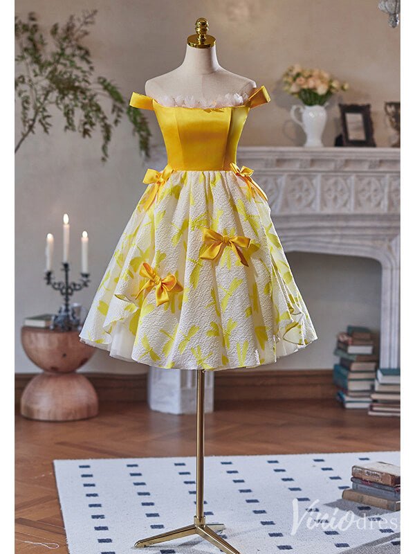 Yellow Off the Shoulder Bow-Tie Homecoming Dress 2024 Jacquard Satin Graduation Dress 8007-prom dresses 2025 -Viniodress-Yellow-Custom Size-