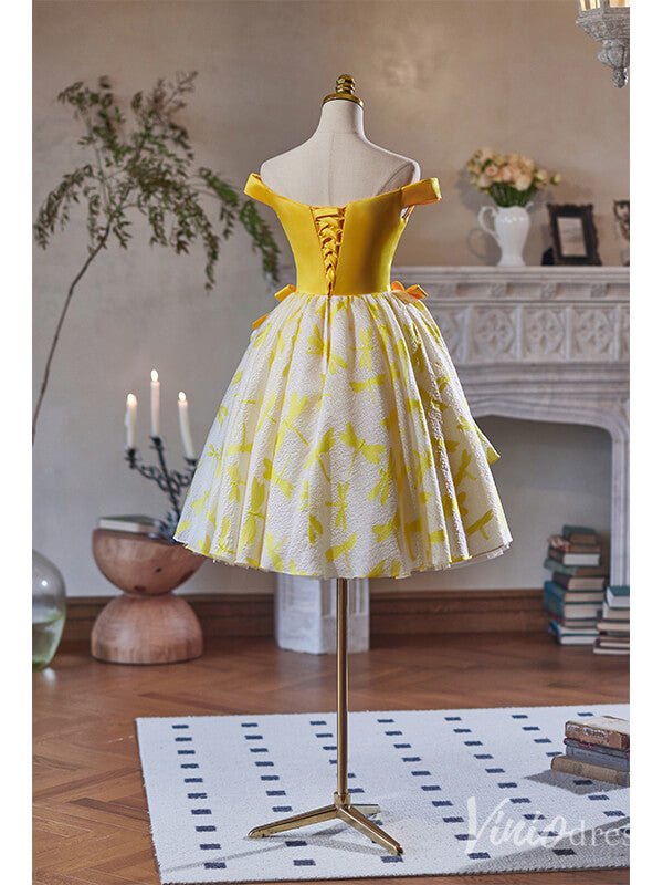 Yellow Off the Shoulder Bow - Tie Homecoming Dress 2024 Jacquard Satin Graduation Dress 8007 - Viniodressprom dressesYellowCustom Size - Formal Dresses - Ball Gowns