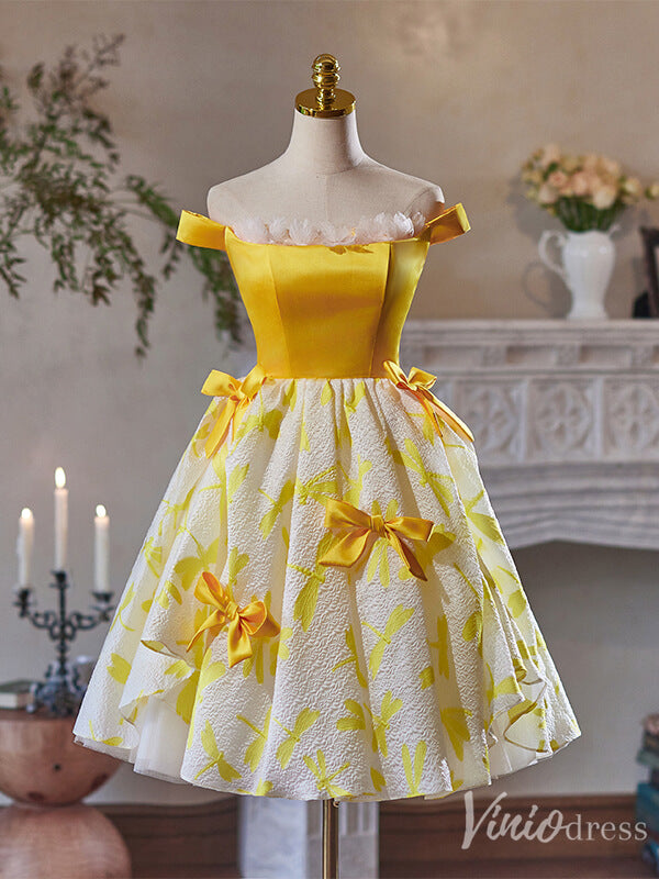 Yellow Off the Shoulder Bow-Tie Homecoming Dress 2024 Jacquard Satin Graduation Dress 8007-prom dresses-Viniodress-Viniodress