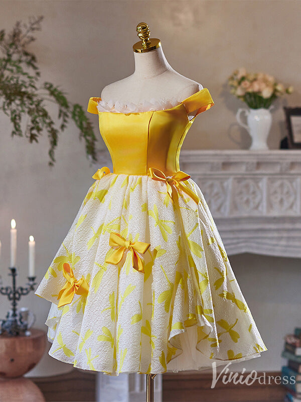 Yellow Off the Shoulder Bow-Tie Homecoming Dress 2024 Jacquard Satin Graduation Dress 8007-prom dresses-Viniodress-Viniodress