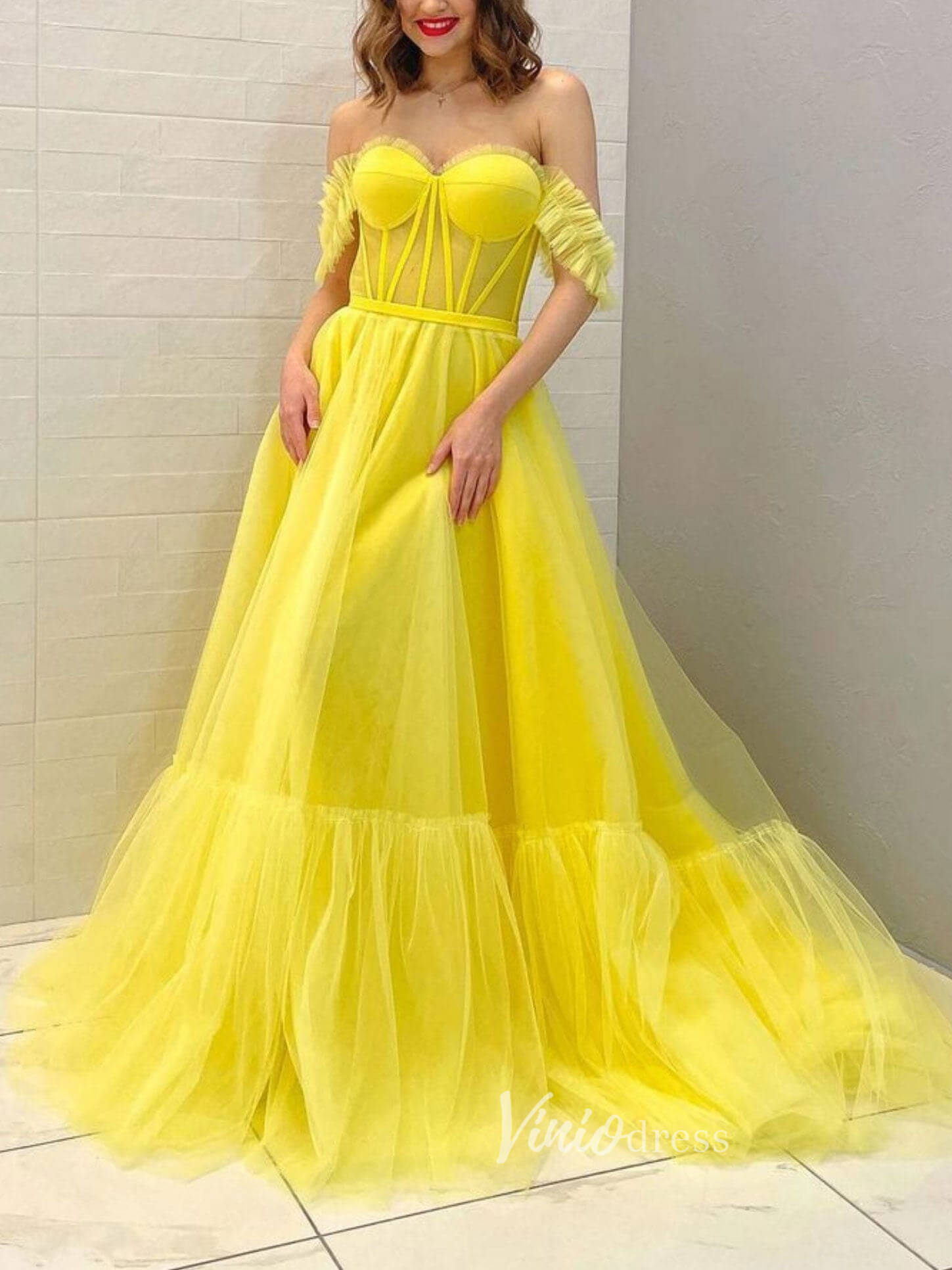 Prom Dress 2025 Yellow Off the Shoulder Prom Dresses Tulle A-Line Evening Dress FD3203-unique prom dresses-Yellow-Custom Size-Viniodress