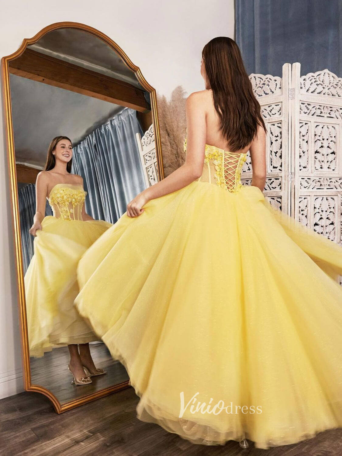 Prom Dress 2025 Yellow One Shoulder Prom Dresses Lace Applique Evening Dress FD3088-unique prom dresses-Yellow-Custom Size-Viniodress