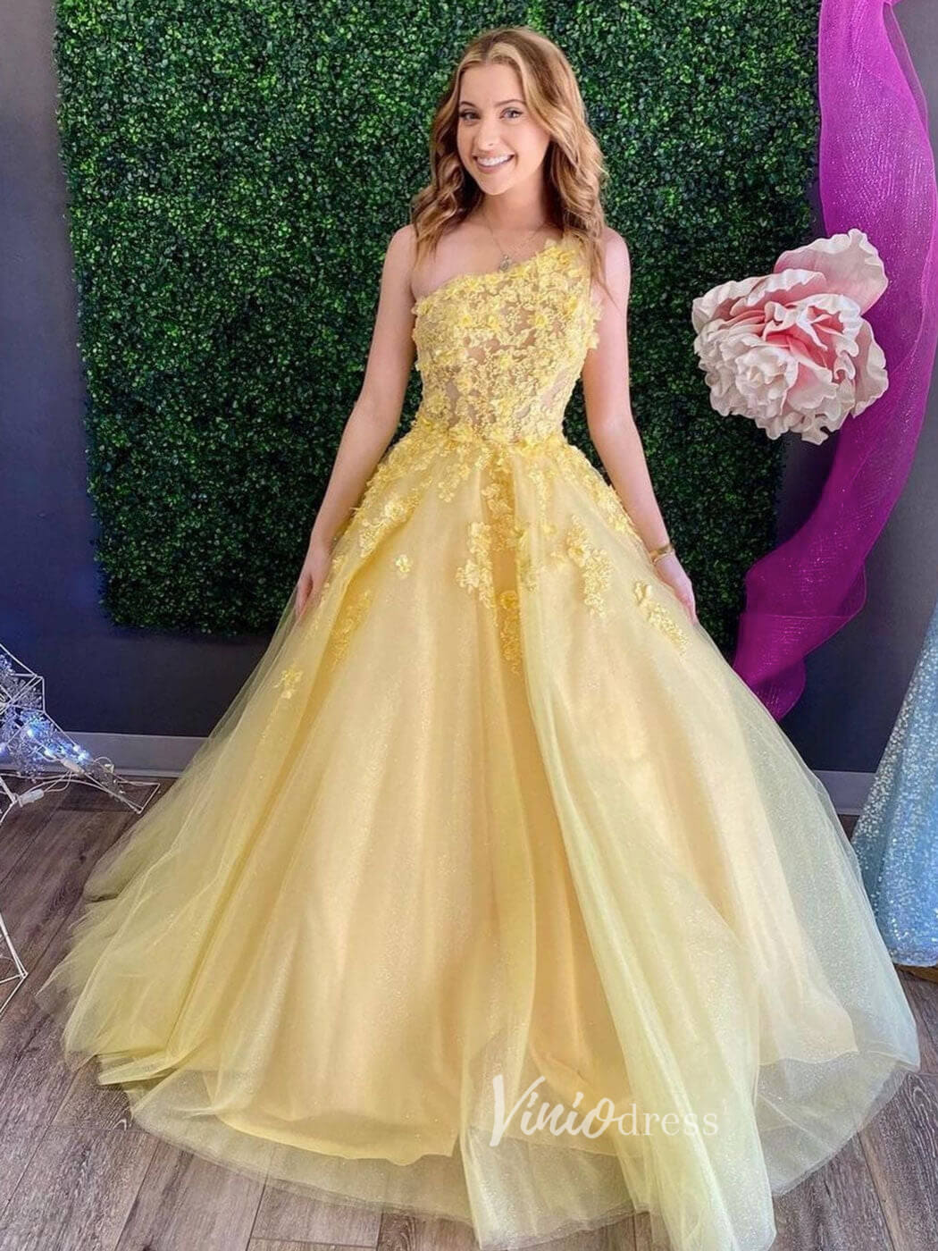 Prom Dress 2025 Yellow One Shoulder Prom Dresses Lace Applique Evening Dress FD3088-unique prom dresses-Yellow-Custom Size-Viniodress