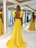 Yellow Pleated Chiffon Cheap Prom Dresses Crossed Tiered Strap FD3692-prom dresses-Viniodress-Viniodress