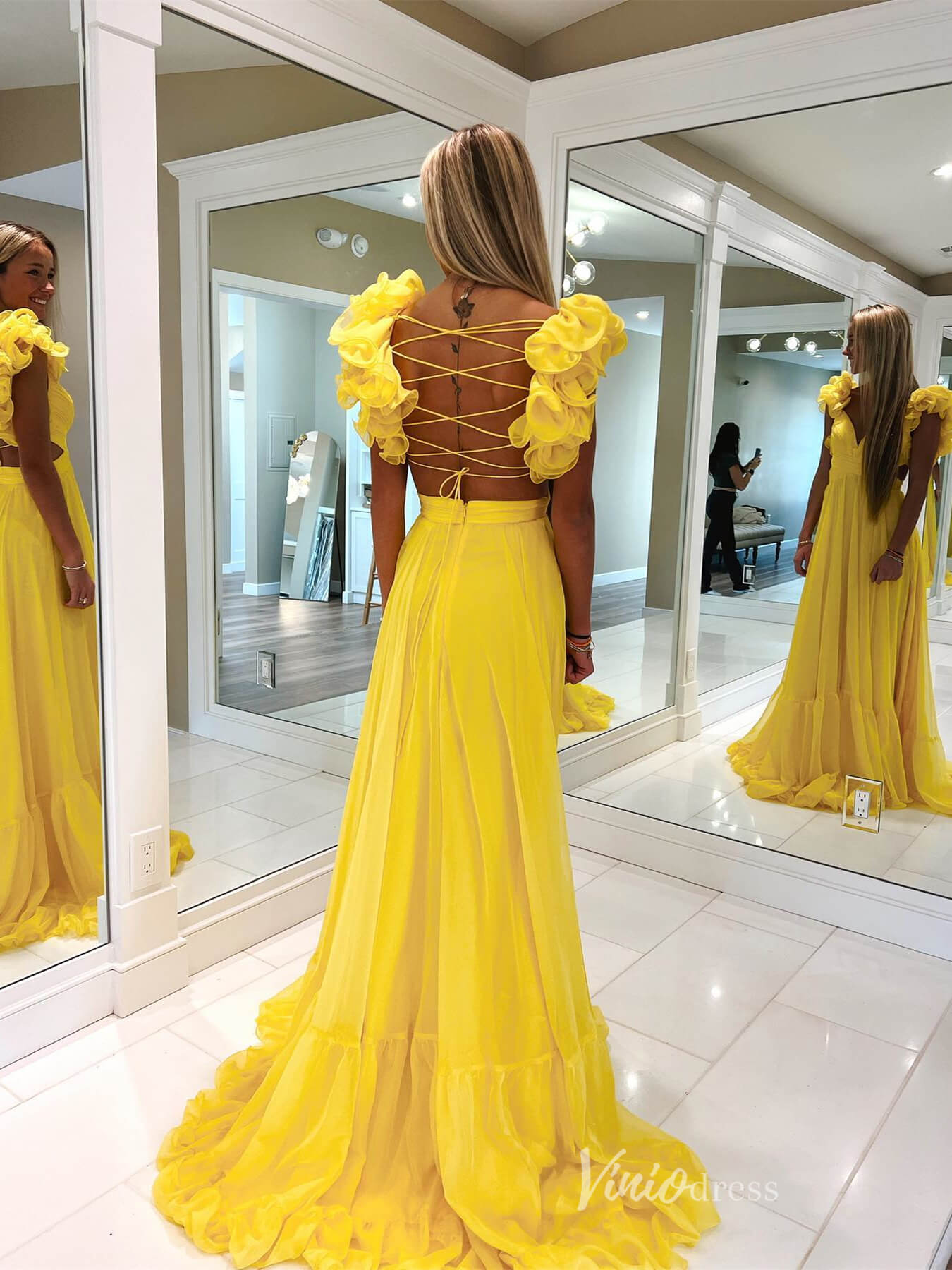 Yellow Pleated Chiffon Prom Dresses Crossed Tiered Strap FD3692 Viniodress Yellow Pleated Chiffon Prom Dresses Crossed Tiered Strap FD3692 Viniodress