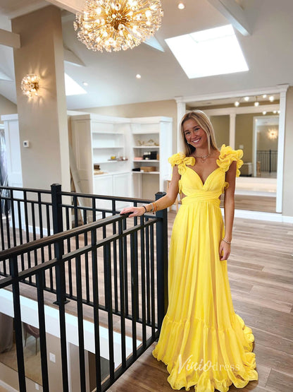 Yellow Pleated Chiffon Prom Dresses Crossed Tiered Strap FD3692-prom dresses 2025 -Viniodress-Yellow-Custom Size-