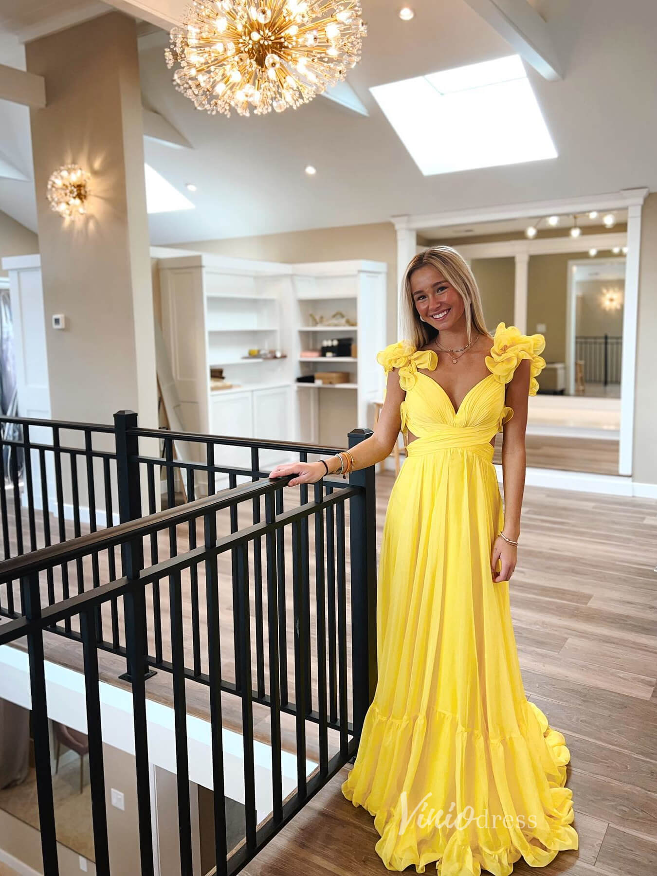 Prom Dress 2025 Yellow Pleated Chiffon Cheap Prom Dresses Crossed Tiered Strap FD3692-unique prom dresses-Yellow-Custom Size-Viniodress