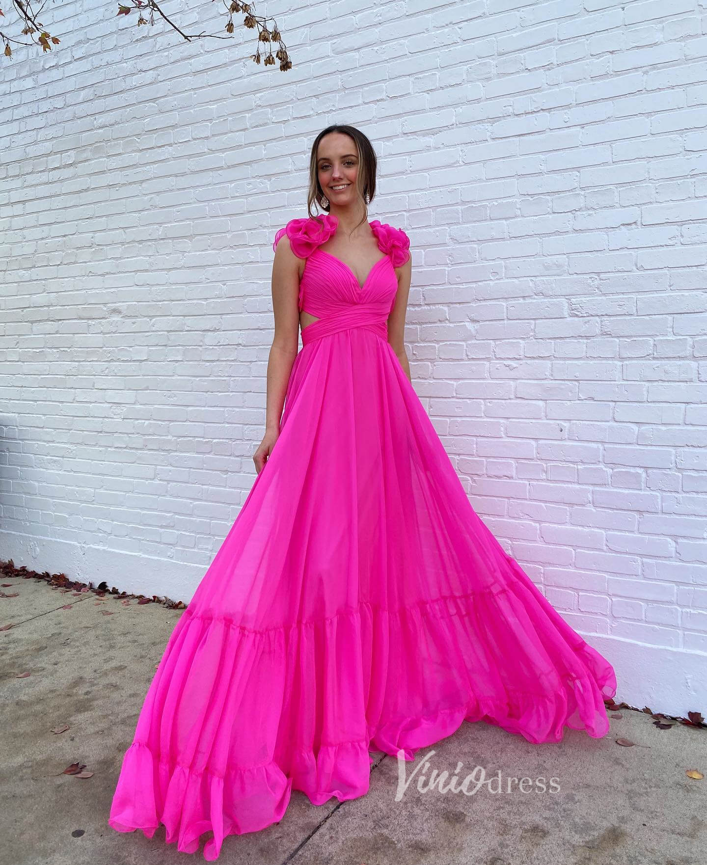 Prom Dress 2025 Yellow Pleated Chiffon Cheap Prom Dresses Crossed Tiered Strap FD3692-unique prom dresses-Fuchsia-Custom Size-Viniodress