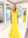 Prom Dress 2025 Yellow Pleated Chiffon Cheap Prom Dresses Crossed Tiered Strap FD3692-unique prom dresses-Yellow-Custom Size-Viniodress