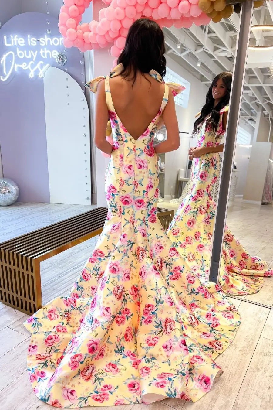 Yellow Floral Mermaid Prom Dress with Bow Straps & Open Back SS321 Viniodress Yellow Floral Mermaid Prom Dress with Bow Straps & Open Back SS321 Viniodress