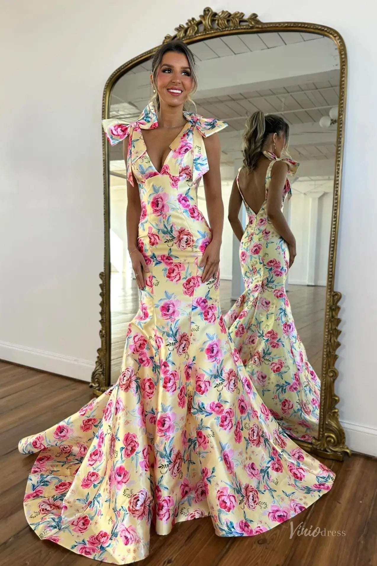 Yellow Floral Mermaid Prom Dress with Bow Straps & Open Back SS321 Viniodress Yellow Floral Mermaid Prom Dress with Bow Straps & Open Back SS321 Viniodress