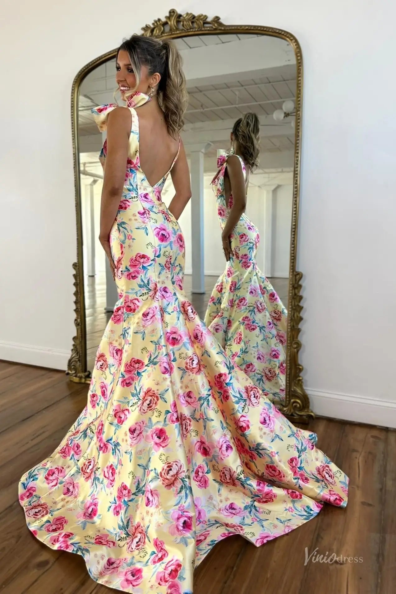 Yellow Rose Floral Mermaid Prom Dress with Bow Straps, Open Back & Deep V Neck – SS321-prom dresses 2026-Viniodress-Yellow-Custom Size – Add Measurements in Cart-