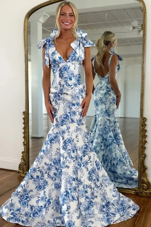 Yellow Floral Mermaid Prom Dress with Bow Straps & Open Back SS321 Viniodress Yellow Floral Mermaid Prom Dress with Bow Straps & Open Back SS321 Viniodress