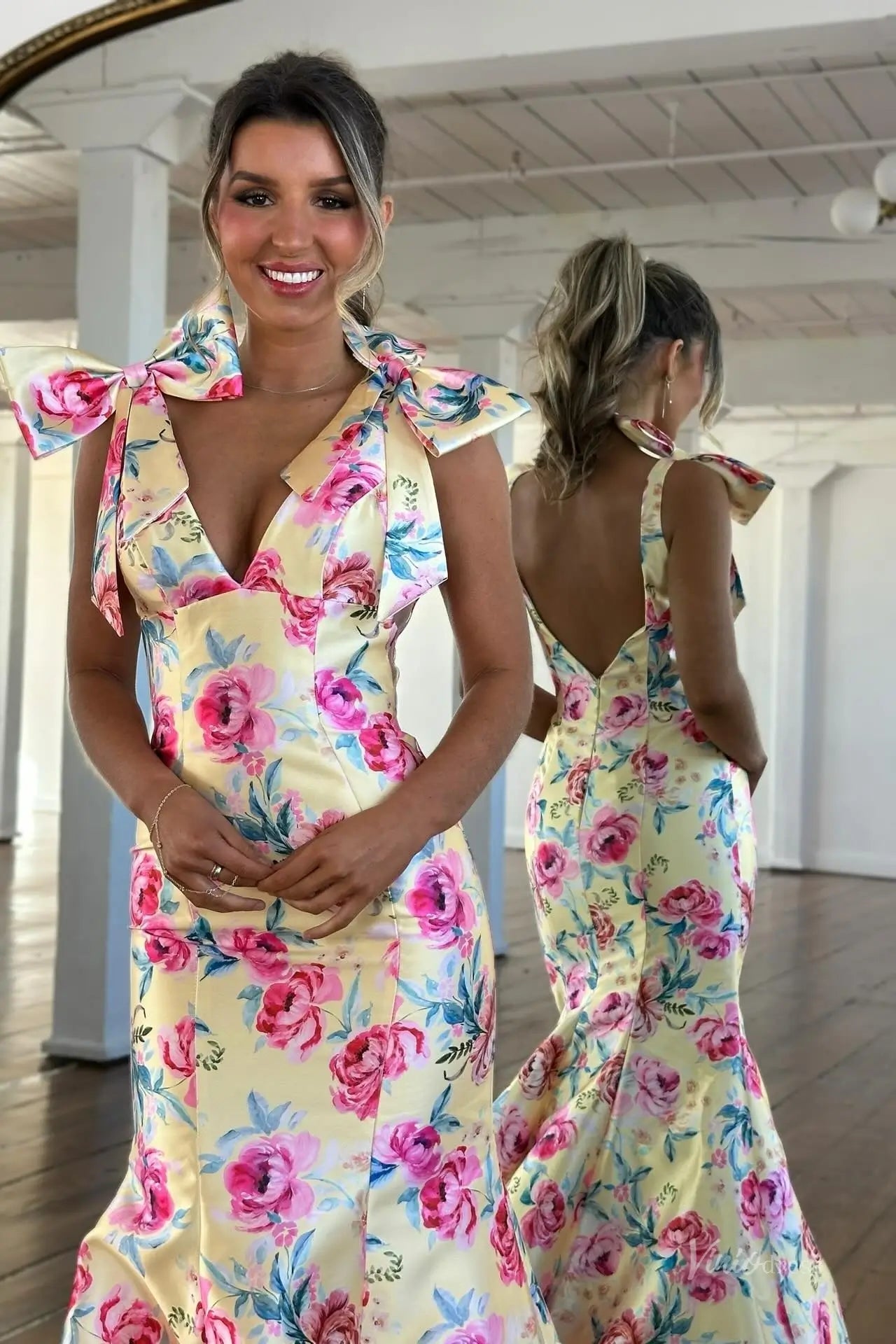 Yellow Rose Floral Mermaid Prom Dress with Bow Straps, Open Back & Deep V Neck – SS321-prom dresses 2026-Viniodress-Yellow-Custom Size – Add Measurements in Cart-