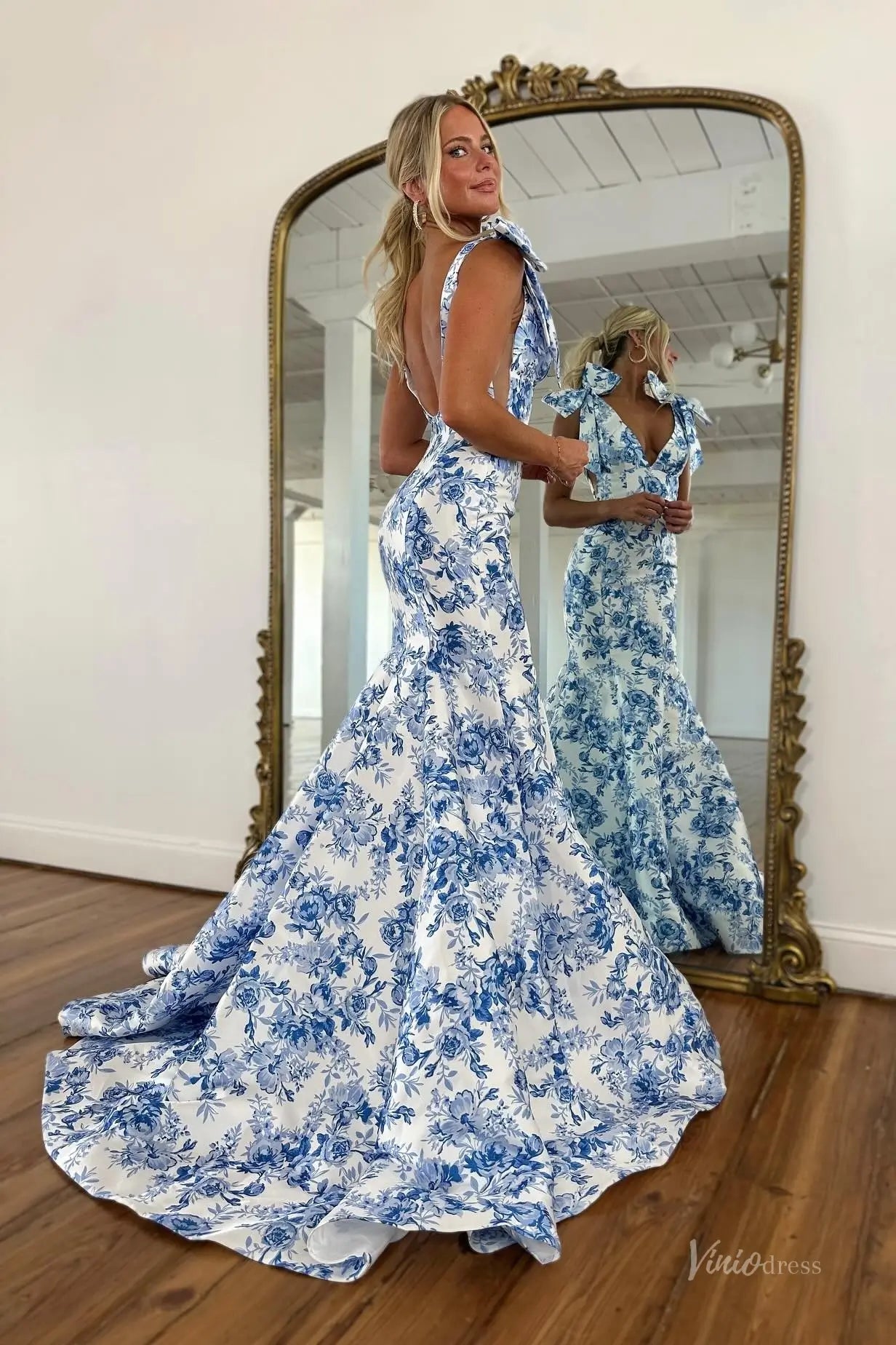 Yellow Rose Floral Mermaid Prom Dress with Bow Straps, Open Back & Deep V Neck – SS321-prom dresses 2026-Viniodress-Yellow-Custom Size – Add Measurements in Cart-