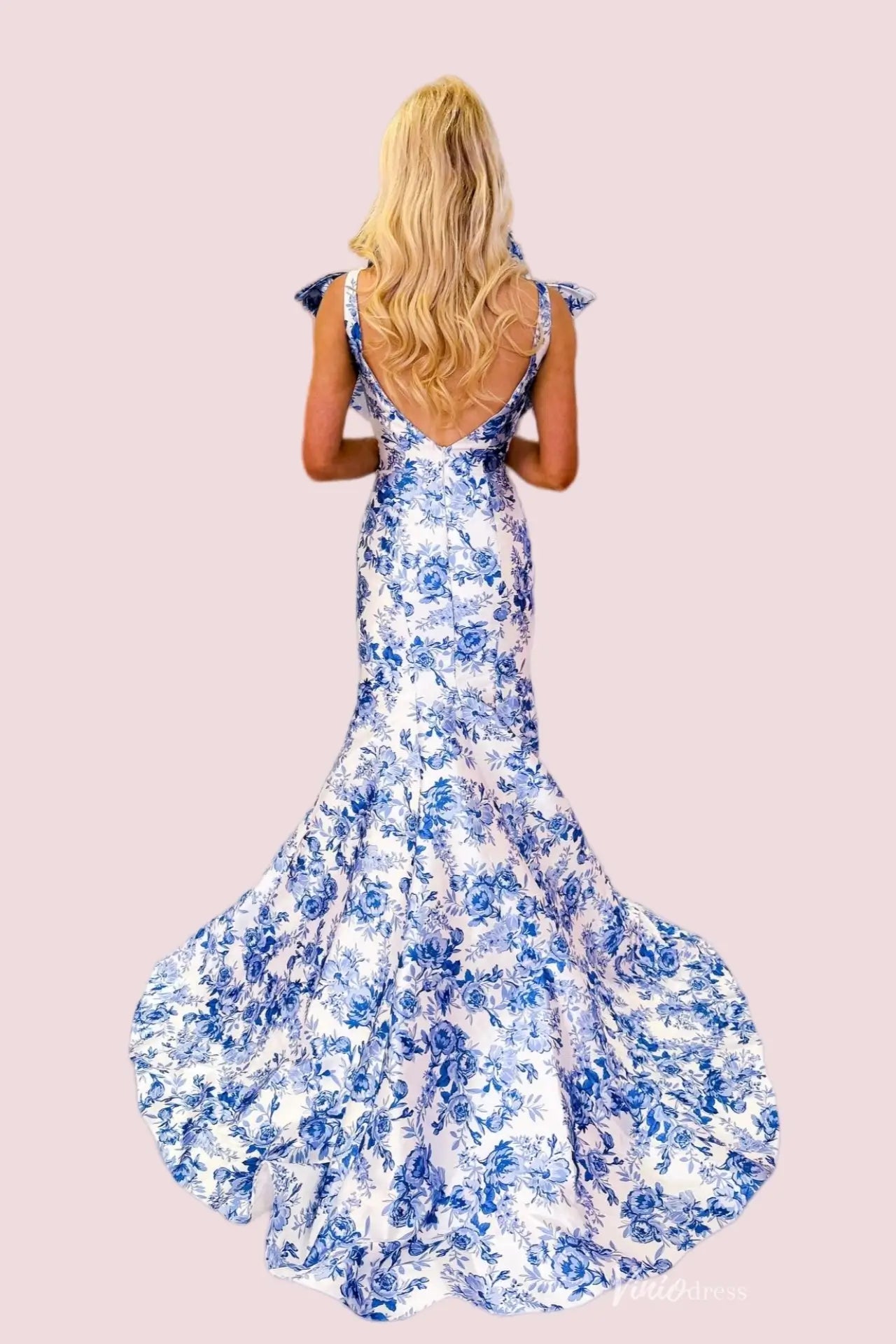 Yellow Rose Floral Mermaid Prom Dress with Bow Straps, Open Back & Deep V Neck – SS321-prom dresses 2026-Viniodress-Yellow-Custom Size – Add Measurements in Cart-
