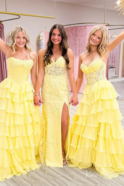 Yellow Ruffled Lace Prom Dresses Sweetheart Neckline with Corset and Slit RF304-prom dresses 2026-Viniodress-Yellow-A-Custom Size