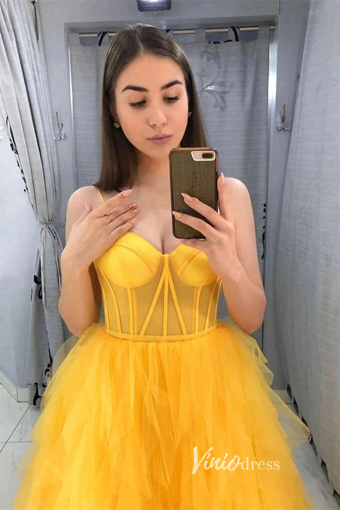 Prom Dress 2025 Yellow Ruffled Prom Dresses Spaghetti Strap Formal Gown FD3258-unique prom dresses-Yellow-Custom Size-Viniodress