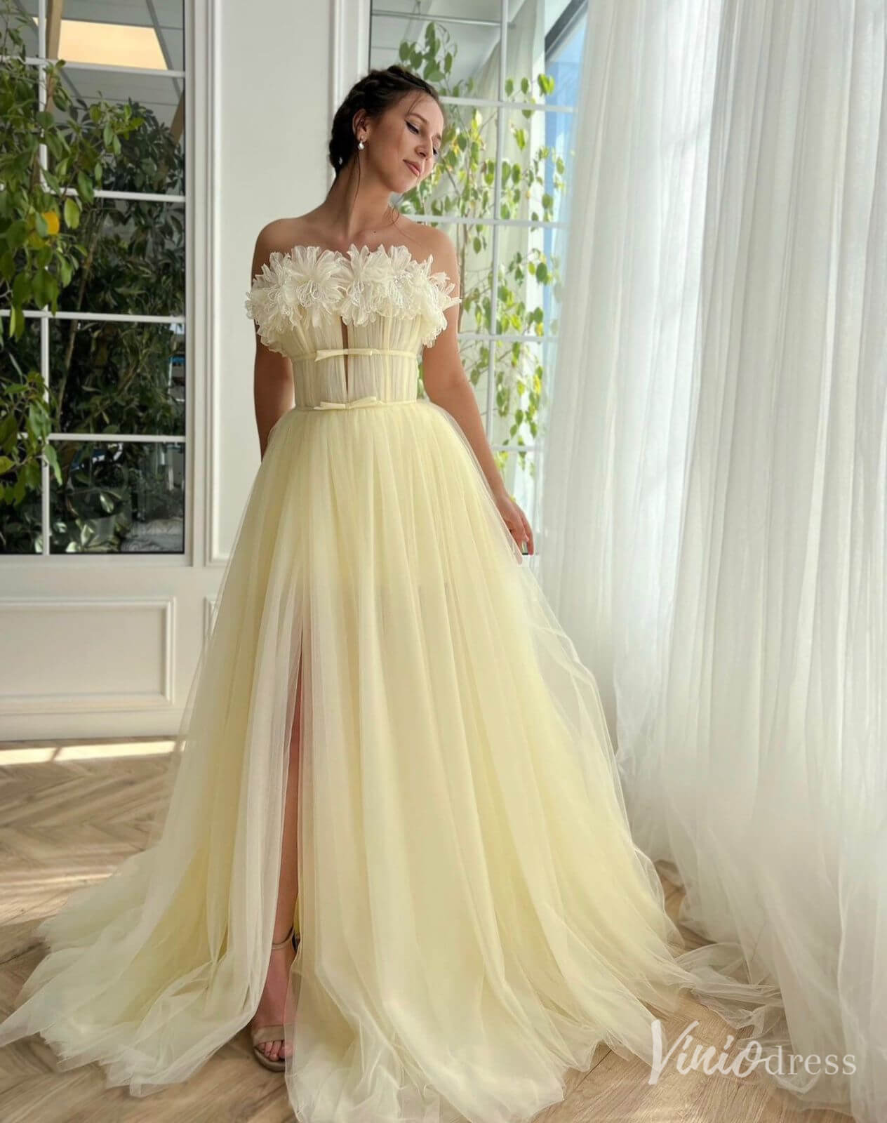 Yellow Ruffled Prom Dresses with Slit Off the Shoulder Formal Dress with Pockets TO028 - Viniodressprom dressesYellowCustom Size - Formal Dresses - Ball Gowns