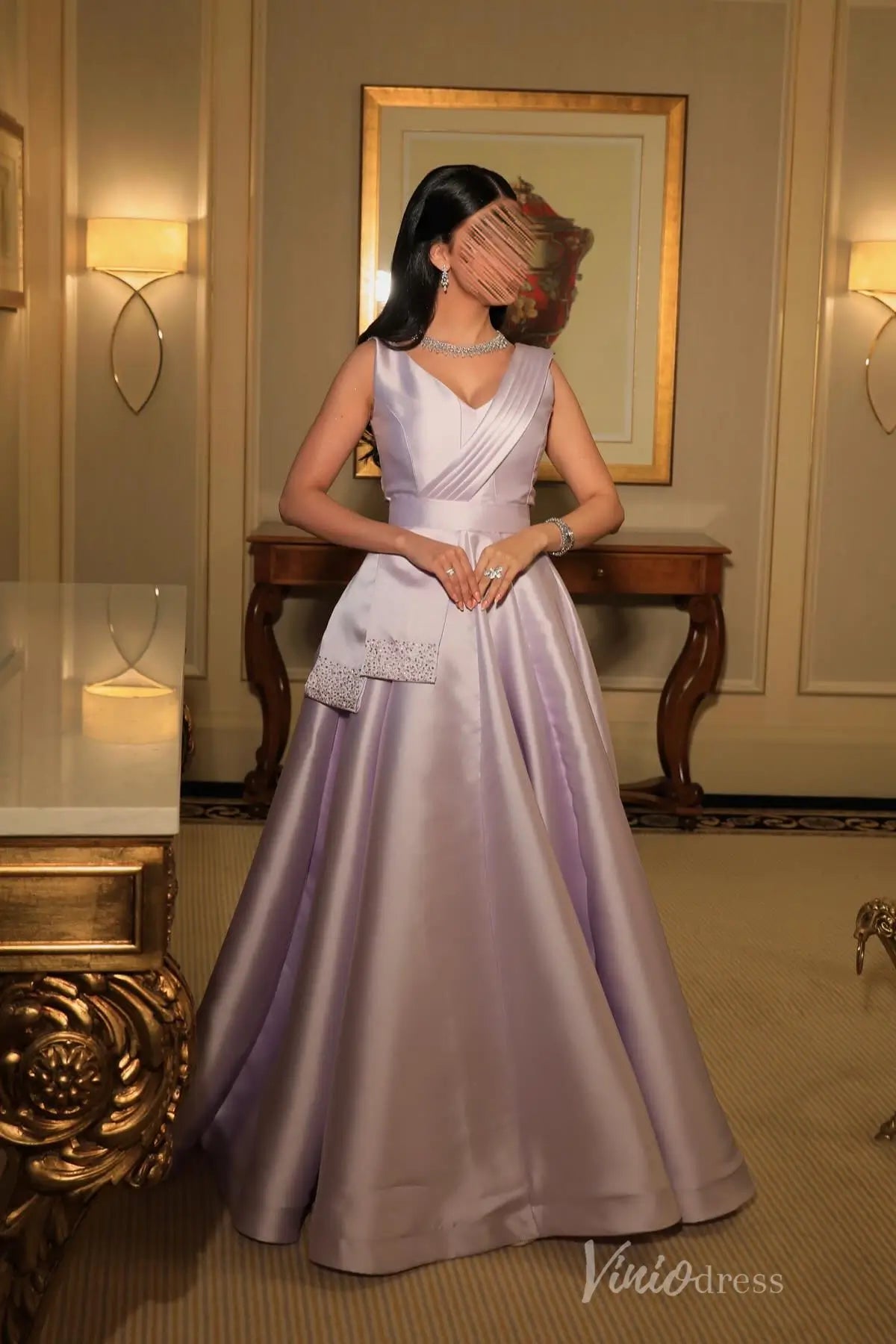 Yellow Satin Ball Gown with Pleated V-Neck Bodice and Beaded Sash – AS036-prom dresses 2025 -Viniodress-Yellow-Custom Size-