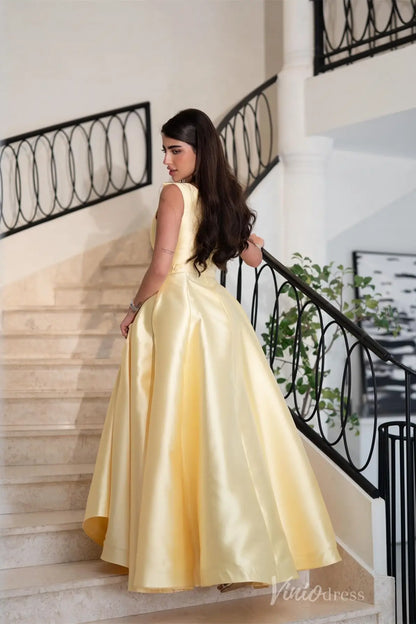 Butter Yellow Satin Ball Gown with Pleated V-Neck and Beaded Sash AS036 Viniodress Butter Yellow Satin Ball Gown with Pleated V-Neck and Beaded Sash AS036 Viniodress