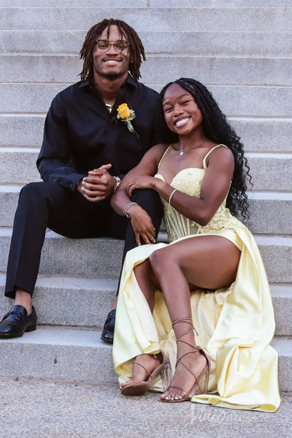 Yellow Satin Corset Prom Dress with Sweetheart Neckline, Beaded Bodice, High Slit, Spaghetti Straps, Sash – SS097-prom dresses 2025 -Viniodress-Yellow-Custom Size-