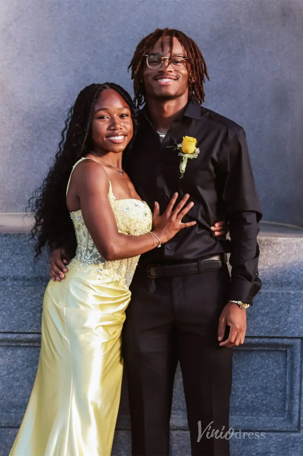 Yellow Satin Corset Prom Dress with Sweetheart Neckline, Beaded Bodice, High Slit, Spaghetti Straps, Sash – SS097-prom dresses 2025 -Viniodress-Yellow-Custom Size-