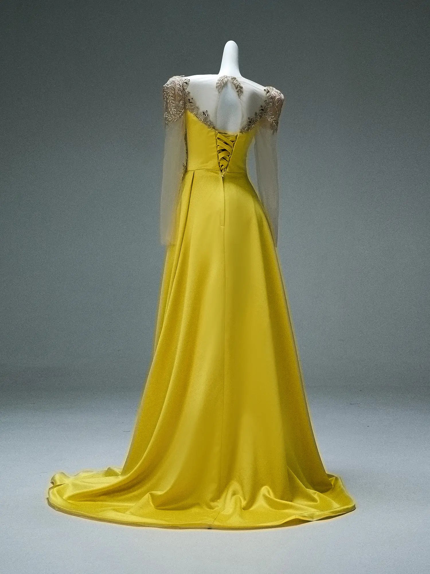 Yellow Satin Formal Gown with Slit, Beaded Lace & Sheer Long Sleeves - Viniodress Yellow Satin Formal Gown with Slit, Beaded Lace & Sheer Long Sleeves - Viniodress