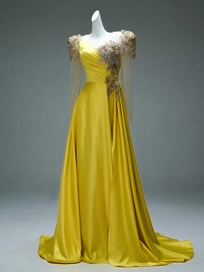 Yellow Satin Formal Gown with Slit, Beaded Lace & Sheer Long Sleeves - CQ0104-Couture Gown 2025 -Viniodress-Yellow-Custom Size-
