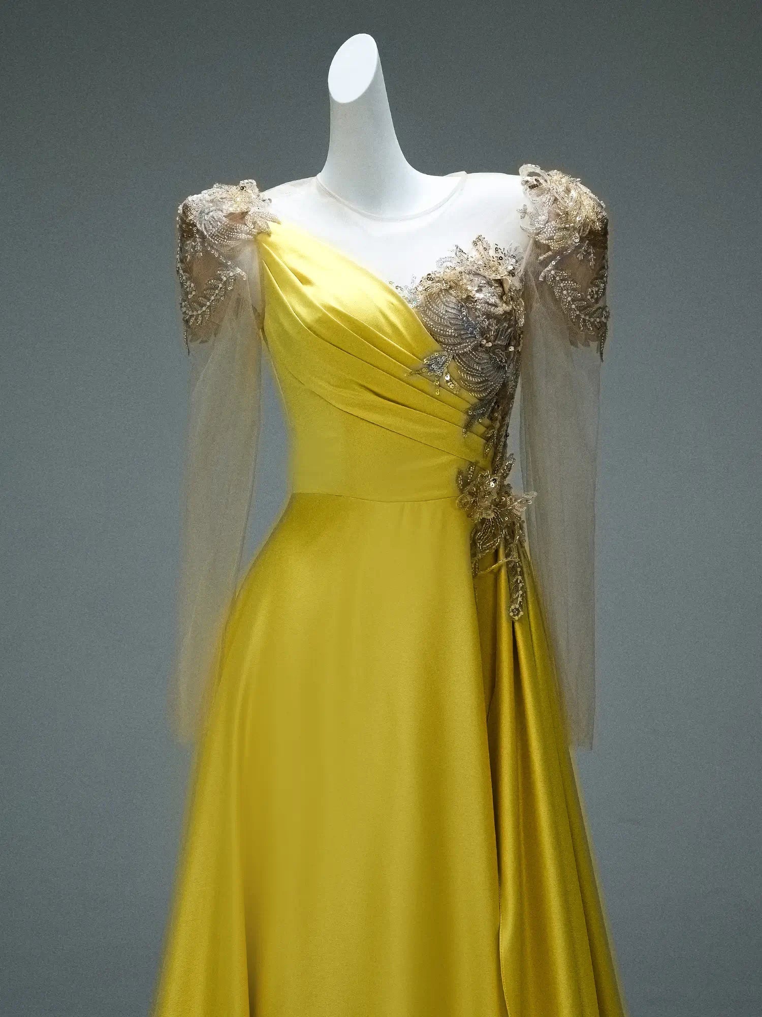 Yellow Satin Formal Gown with Slit, Beaded Lace & Sheer Long Sleeves - Viniodress Yellow Satin Formal Gown with Slit, Beaded Lace & Sheer Long Sleeves - Viniodress