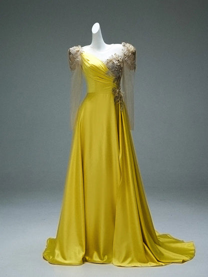 Yellow Satin Formal Gown with Slit, Beaded Lace & Sheer Long Sleeves - CQ0104-Couture Gown 2025 -Viniodress-Yellow-Custom Size-