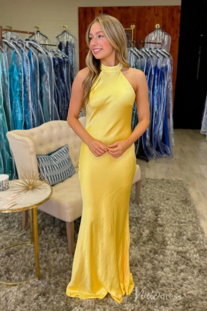 Yellow Satin Halter Neck Prom Dress with Backless Cowl Detail and Sleek Fit – SS043-prom dresses 2025 -Viniodress-Yellow-Custom Size-