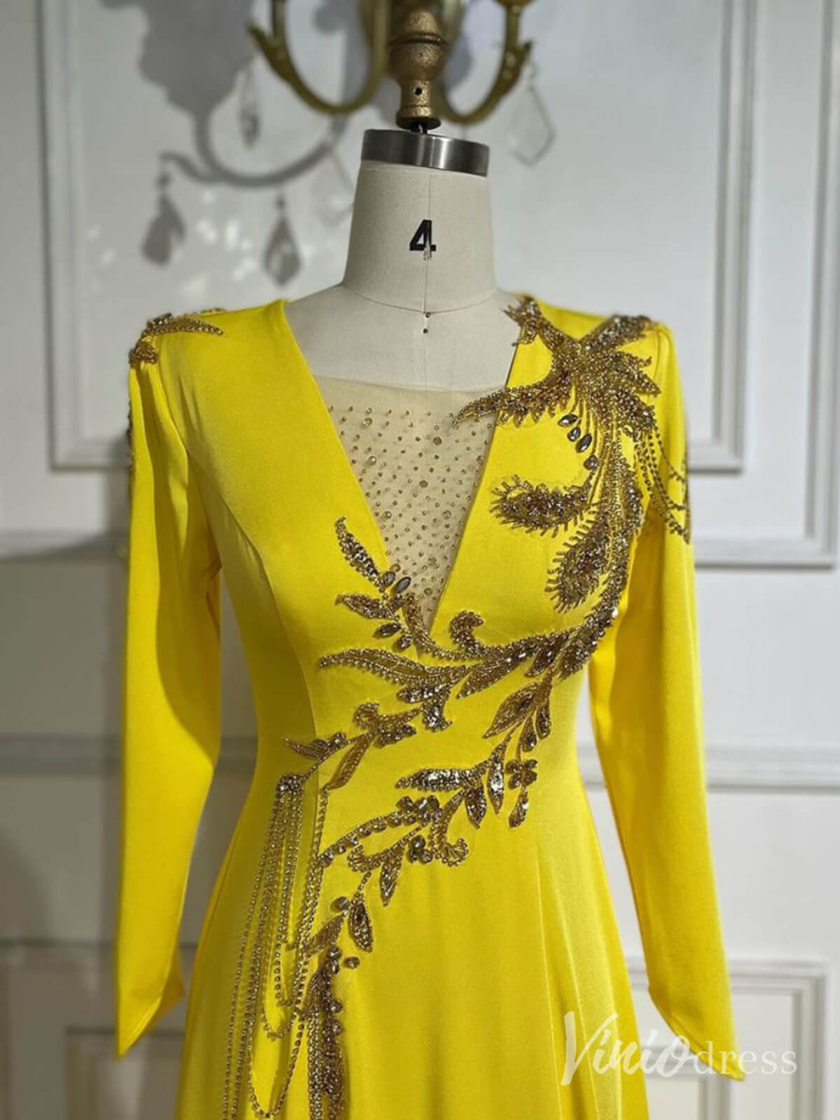Yellow Satin Long Sleeve Prom Dresses Beaded Lace V-Neck Mother of the Viniodress Yellow Satin Long Sleeve Prom Dresses Beaded Lace V-Neck Mother of the Viniodress