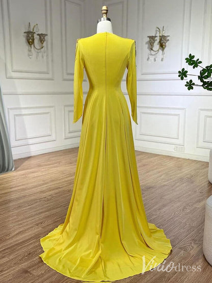 Yellow Satin Long Sleeve Prom Dresses Beaded Lace V-Neck Mother of the Bride Dress AD1241-Evening Dresses 2025 -Viniodress-Yellow-US 2-