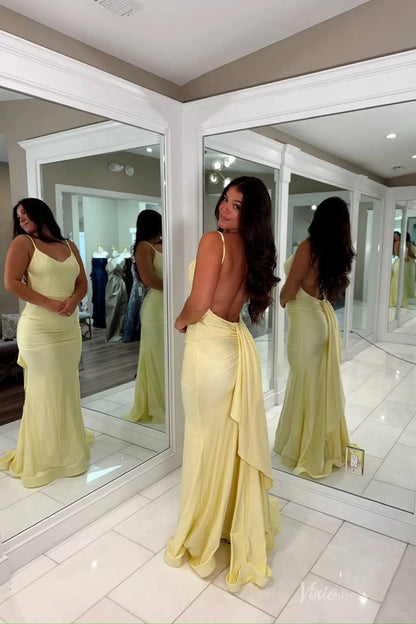 Yellow Satin Mermaid Prom Dress with Open Back Drape & Spaghetti Strap – SS150-prom dresses 2026-Viniodress-Yellow-Custom Size-