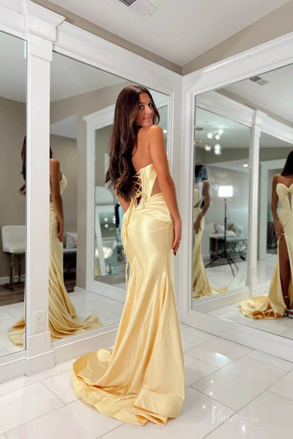 Yellow Satin Mermaid Prom Dress with Sweetheart Corset Bodice, Lace-Up Back, High Slit & Sweep Train – SS151-prom dresses 2026-Viniodress-Yellow-Custom Size-