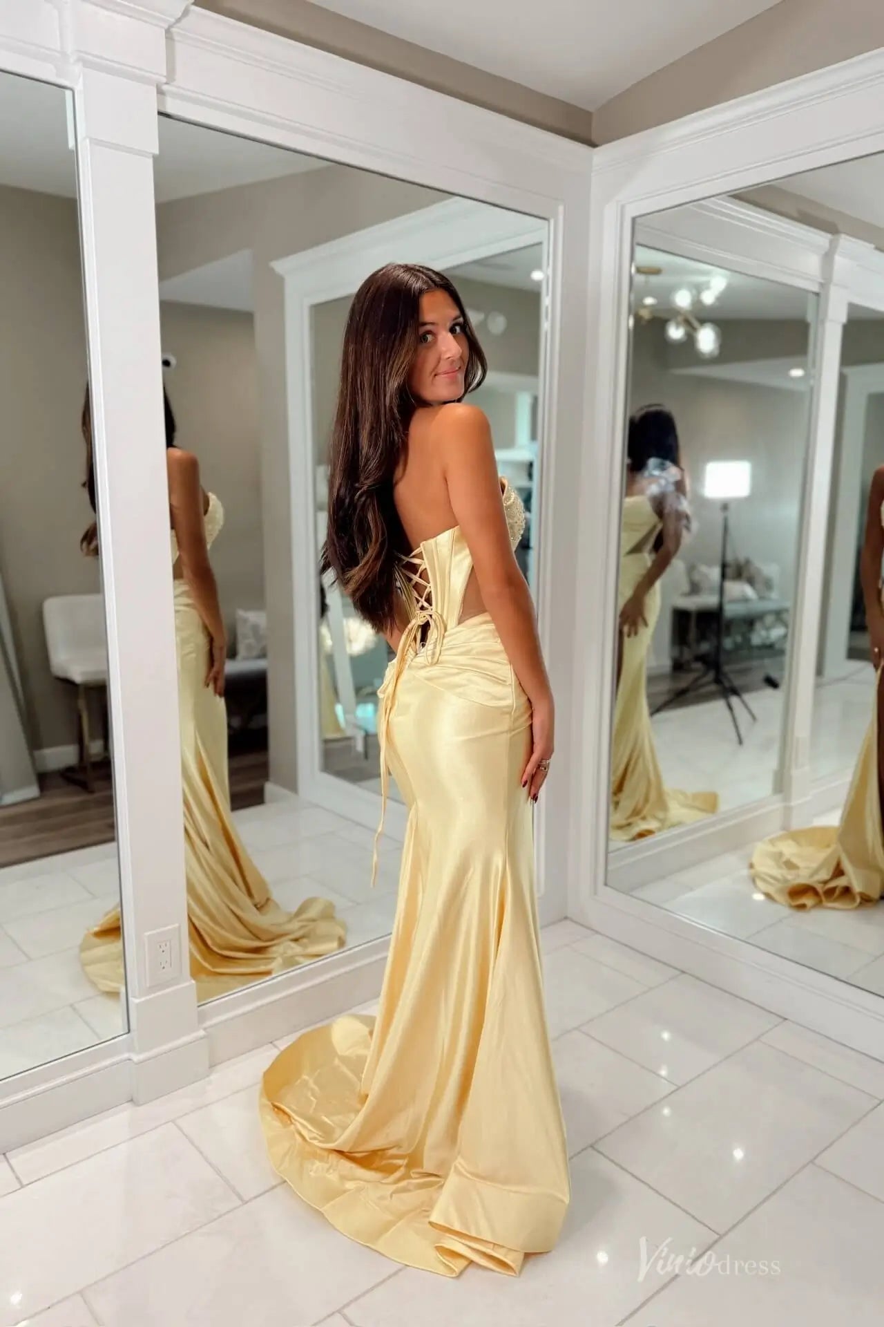 Yellow Satin Mermaid Prom Dress with Sweetheart Corset Bodice, Lace-Up Back, High Slit & Sweep Train – SS151-prom dresses 2026-Viniodress-Yellow-Custom Size-