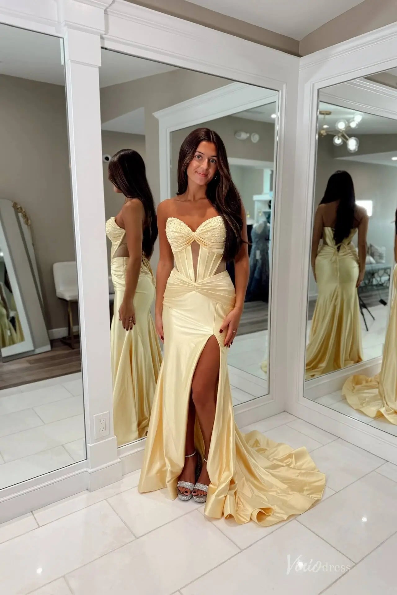 Yellow Satin Mermaid Prom Dress with Sweetheart Corset Bodice, Lace-Up Back, High Slit & Sweep Train – SS151-prom dresses 2026-Viniodress-Yellow-Custom Size-