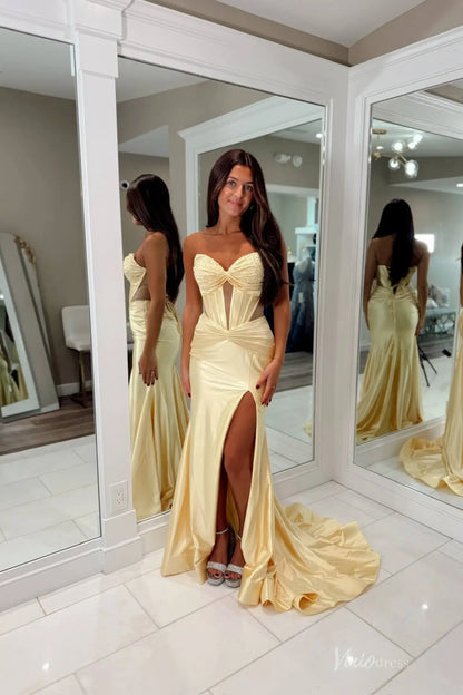 Yellow Satin Mermaid Prom Dress with Sweetheart Corset Bodice, Lace-Up Back, High Slit & Sweep Train – SS151-prom dresses 2026-Viniodress-Yellow-Custom Size-