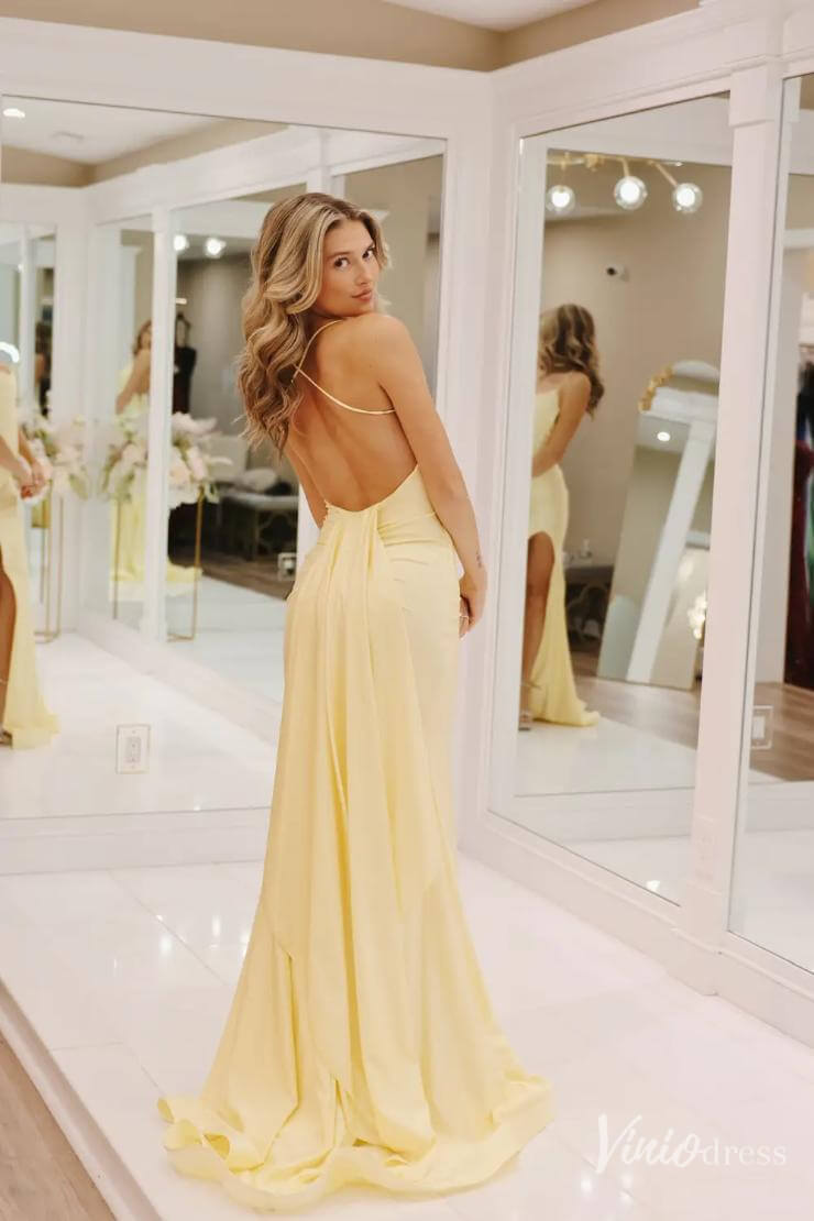 Yellow Satin Mermaid Prom Dresses with Slit Spaghetti Strap Open Back FD4082 - Viniodressprom dressesYellowCustom Size - Formal Dresses - Ball Gowns