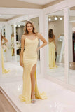 Yellow Satin Mermaid Prom Dresses with Slit Spaghetti Strap Open Back FD4082