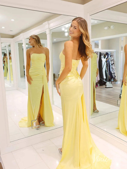 Yellow Satin Mermaid Prom Dresses with Tail, High Slit Strapless Formal Dresses FD4083-prom dresses 2025 -Viniodress-Yellow-Custom Size-