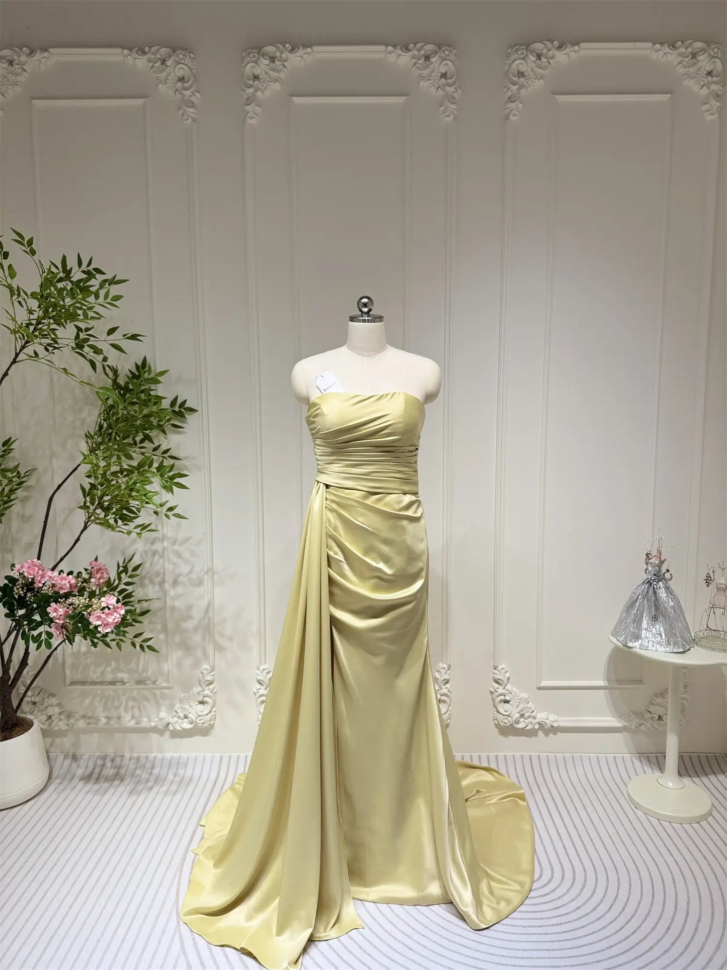 Yellow Satin Mermaid Prom Dresses with Tail, High Slit Strapless Formal Dresses FD4083 - Viniodressprom dressesYellowCustom Size - Formal Dresses - Ball Gowns